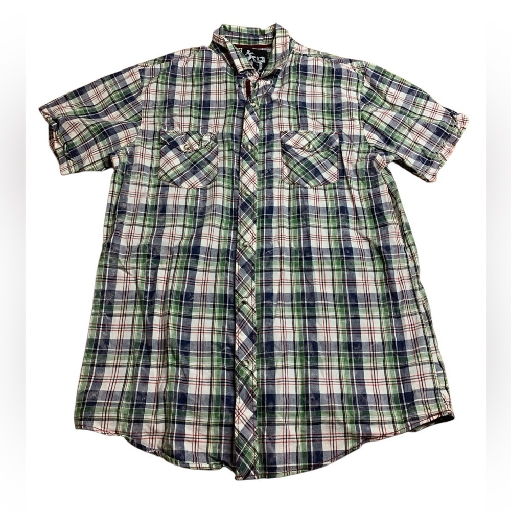 Age of Wisdom Japanese Kanji Plaid Snap-Front Shirt L